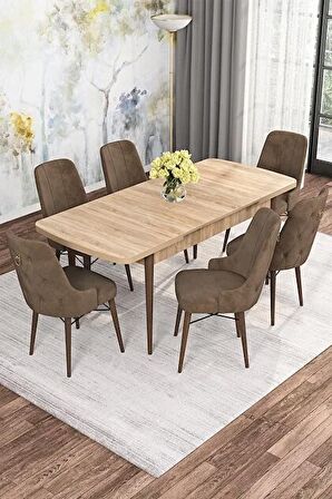 Rovena Alaska Meşe 80x132 Açılabilir Suntalam Mutfak Masası Takımı 6 Adet Sandalye