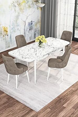 Rovena Alaska Beyaz Mermer 80x132 Açılabilir Suntalam Mutfak Masası Takımı 4 Adet Sandalye