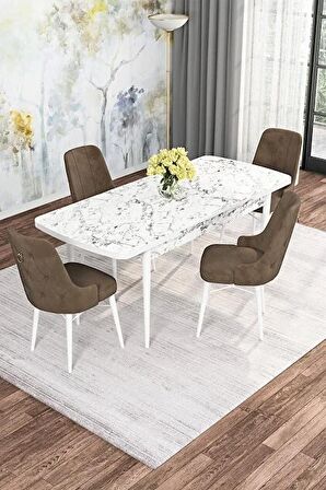 Rovena Alaska Beyaz Mermer 80x132 Açılabilir Suntalam Mutfak Masası Takımı 4 Adet Sandalye