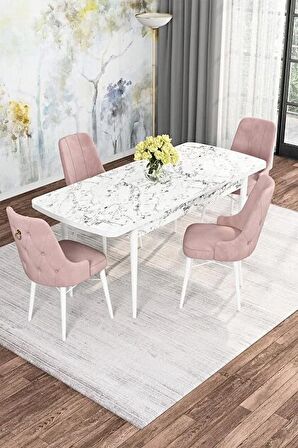 Rovena Alaska Beyaz Mermer 80x132 Açılabilir Suntalam Mutfak Masası Takımı 4 Adet Sandalye