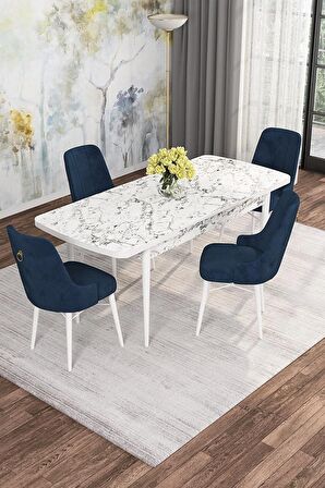 Rovena Alaska Beyaz Mermer 80x132 Açılabilir Suntalam Mutfak Masası Takımı 4 Adet Sandalye