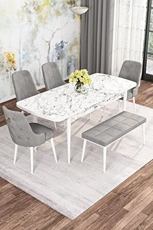 Rovena Alaska Beyaz Mermer 80x132 Açılabilir Suntalam Mutfak Masası Takımı 4 Adet Sandalye+1 Bench