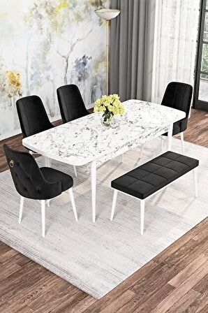 Rovena Alaska Beyaz Mermer 80x132 Açılabilir Suntalam Mutfak Masası Takımı 4 Adet Sandalye+1 Bench