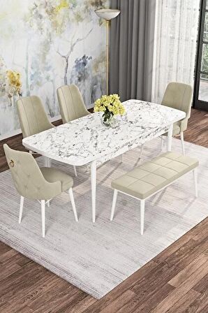 Rovena Alaska Beyaz Mermer 80x132 Açılabilir Suntalam Mutfak Masası Takımı 4 Adet Sandalye+1 Bench