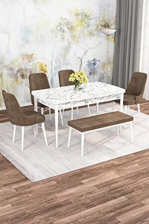 Rovena Alaska Beyaz Mermer 80x132 Açılabilir Suntalam Mutfak Masası Takımı 4 Adet Sandalye+1 Bench