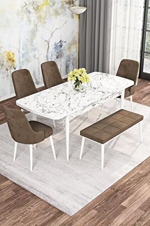 Rovena Alaska Beyaz Mermer 80x132 Açılabilir Suntalam Mutfak Masası Takımı 4 Adet Sandalye+1 Bench