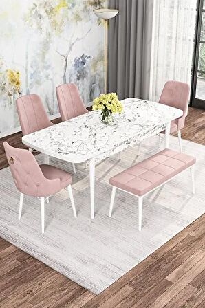 Rovena Alaska Beyaz Mermer 80x132 Açılabilir Suntalam Mutfak Masası Takımı 4 Adet Sandalye+1 Bench