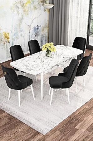 Rovena Alaska Beyaz Mermer 80x132 Açılabilir Suntalam Mutfak Masası Takımı 6 Adet Sandalye