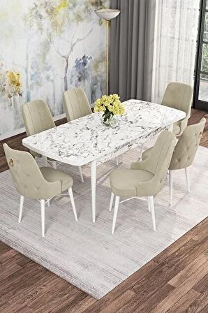 Rovena Alaska Beyaz Mermer 80x132 Açılabilir Suntalam Mutfak Masası Takımı 6 Adet Sandalye