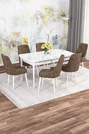 Rovena Alaska Beyaz Mermer 80x132 Açılabilir Suntalam Mutfak Masası Takımı 6 Adet Sandalye
