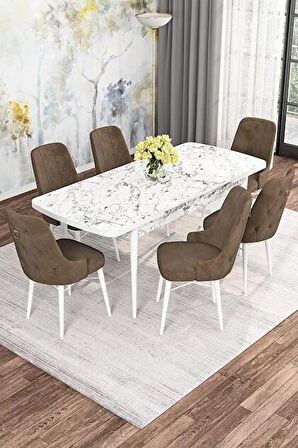 Rovena Alaska Beyaz Mermer 80x132 Açılabilir Suntalam Mutfak Masası Takımı 6 Adet Sandalye