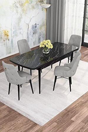 Rovena Alaska Siyah Mermer 80x132 Açılabilir Suntalam Mutfak Masası Takımı 4 Adet Sandalye