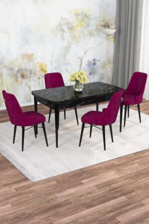 Rovena Alaska Siyah Mermer 80x132 Açılabilir Suntalam Mutfak Masası Takımı 4 Adet Sandalye