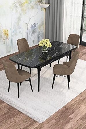 Rovena Alaska Siyah Mermer 80x132 Açılabilir Suntalam Mutfak Masası Takımı 4 Adet Sandalye