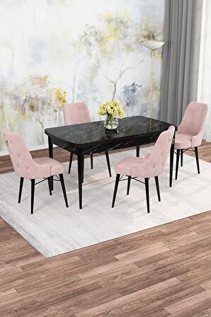 Rovena Alaska Siyah Mermer 80x132 Açılabilir Suntalam Mutfak Masası Takımı 4 Adet Sandalye