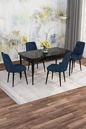 Rovena Alaska Siyah Mermer 80x132 Açılabilir Suntalam Mutfak Masası Takımı 4 Adet Sandalye