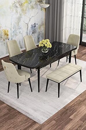 Rovena Alaska Siyah Mermer 80x132 Açılabilir Suntalam Mutfak Masası Takımı 4 Adet Sandalye+1 Bench