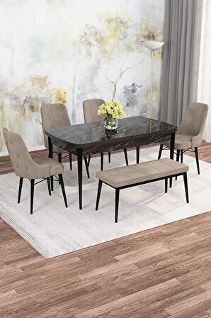 Rovena Alaska Siyah Mermer 80x132 Açılabilir Suntalam Mutfak Masası Takımı 4 Adet Sandalye+1 Bench