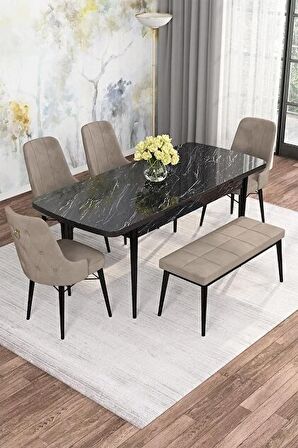 Rovena Alaska Siyah Mermer 80x132 Açılabilir Suntalam Mutfak Masası Takımı 4 Adet Sandalye+1 Bench