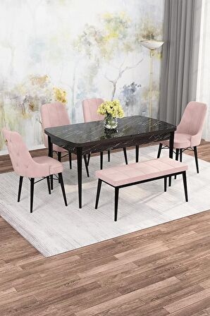 Rovena Alaska Siyah Mermer 80x132 Açılabilir Suntalam Mutfak Masası Takımı 4 Adet Sandalye+1 Bench