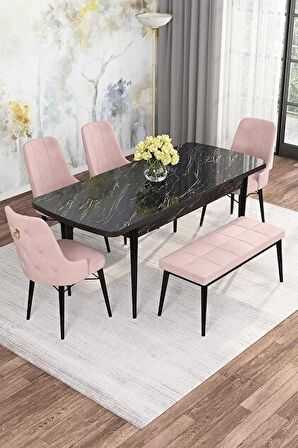 Rovena Alaska Siyah Mermer 80x132 Açılabilir Suntalam Mutfak Masası Takımı 4 Adet Sandalye+1 Bench