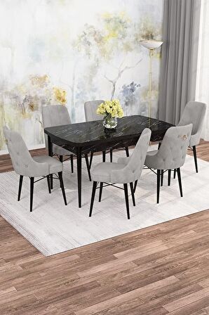 Rovena Alaska Siyah Mermer 80x132 Açılabilir Suntalam Mutfak Masası Takımı 6 Adet Sandalye