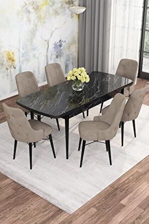 Rovena Alaska Siyah Mermer 80x132 Açılabilir Suntalam Mutfak Masası Takımı 6 Adet Sandalye