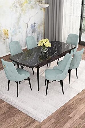 Rovena Alaska Siyah Mermer 80x132 Açılabilir Suntalam Mutfak Masası Takımı 6 Adet Sandalye