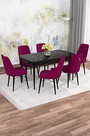 Rovena Alaska Siyah Mermer 80x132 Açılabilir Suntalam Mutfak Masası Takımı 6 Adet Sandalye
