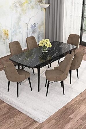 Rovena Alaska Siyah Mermer 80x132 Açılabilir Suntalam Mutfak Masası Takımı 6 Adet Sandalye
