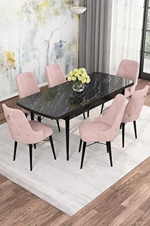 Rovena Alaska Siyah Mermer 80x132 Açılabilir Suntalam Mutfak Masası Takımı 6 Adet Sandalye
