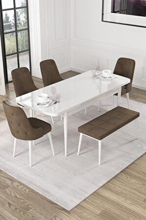 Rovena Mateo Beyaz 80x132 Açılabilir Suntalam Mutfak Masası Takımı 4 Adet Sandalye+1 Bench