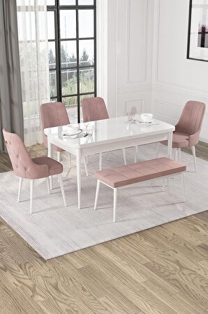 Rovena Mateo Beyaz 80x132 Açılabilir Suntalam Mutfak Masası Takımı 4 Adet Sandalye+1 Bench
