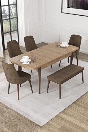 Rovena Mateo Meşe 80x132 Açılabilir Suntalam Mutfak Masası Takımı 4 Adet Sandalye+1 Bench