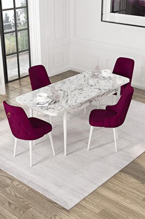 Rovena Mateo Beyaz Mermer 80x132 Açılabilir Suntalam Mutfak Masası Takımı 4 Adet Sandalye