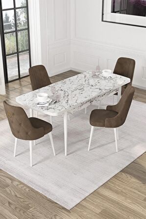 Rovena Mateo Beyaz Mermer 80x132 Açılabilir Suntalam Mutfak Masası Takımı 4 Adet Sandalye