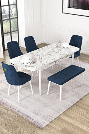Rovena Mateo Beyaz Mermer 80x132 Açılabilir Suntalam Mutfak Masası Takımı 4 Adet Sandalye+1 Bench