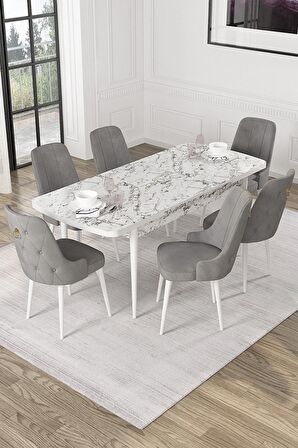 Rovena Mateo Beyaz Mermer 80x132 Açılabilir Suntalam Mutfak Masası Takımı 6 Adet Sandalye