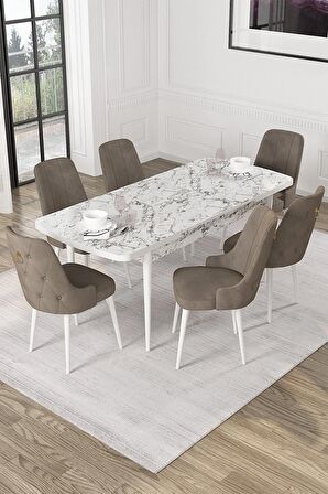 Rovena Mateo Beyaz Mermer 80x132 Açılabilir Suntalam Mutfak Masası Takımı 6 Adet Sandalye