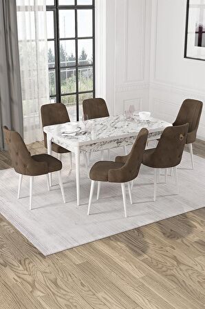 Rovena Mateo Beyaz Mermer 80x132 Açılabilir Suntalam Mutfak Masası Takımı 6 Adet Sandalye
