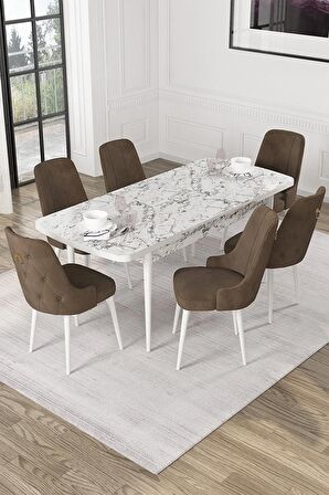 Rovena Mateo Beyaz Mermer 80x132 Açılabilir Suntalam Mutfak Masası Takımı 6 Adet Sandalye