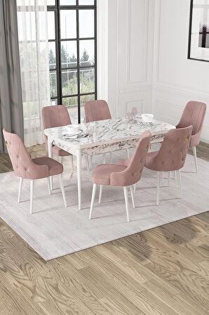 Rovena Mateo Beyaz Mermer 80x132 Açılabilir Suntalam Mutfak Masası Takımı 6 Adet Sandalye