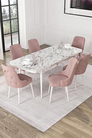 Rovena Mateo Beyaz Mermer 80x132 Açılabilir Suntalam Mutfak Masası Takımı 6 Adet Sandalye