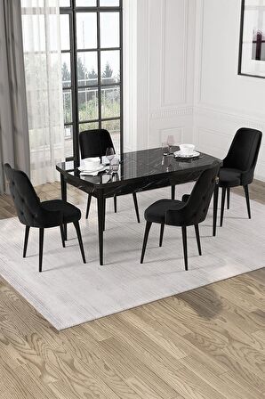 Rovena Mateo Siyah Mermer 80x132 Açılabilir Suntalam Mutfak Masası Takımı 4 Adet Sandalye