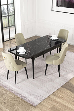 Rovena Mateo Siyah Mermer 80x132 Açılabilir Suntalam Mutfak Masası Takımı 4 Adet Sandalye