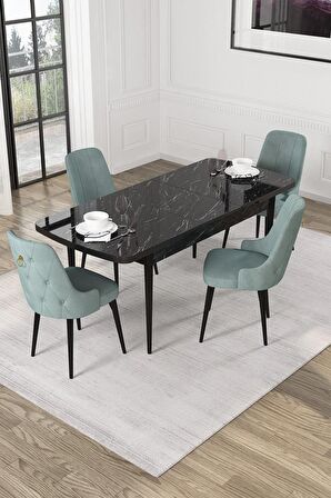 Rovena Mateo Siyah Mermer 80x132 Açılabilir Suntalam Mutfak Masası Takımı 4 Adet Sandalye