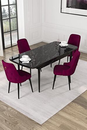 Rovena Mateo Siyah Mermer 80x132 Açılabilir Suntalam Mutfak Masası Takımı 4 Adet Sandalye