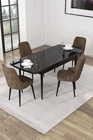 Rovena Mateo Siyah Mermer 80x132 Açılabilir Suntalam Mutfak Masası Takımı 4 Adet Sandalye