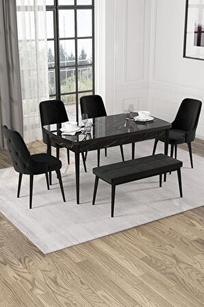 Rovena Mateo Siyah Mermer 80x132 Açılabilir Suntalam Mutfak Masası Takımı 4 Adet Sandalye+1 Bench
