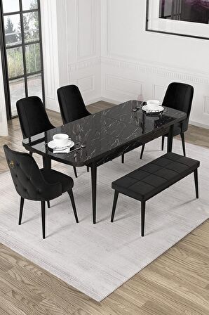 Rovena Mateo Siyah Mermer 80x132 Açılabilir Suntalam Mutfak Masası Takımı 4 Adet Sandalye+1 Bench